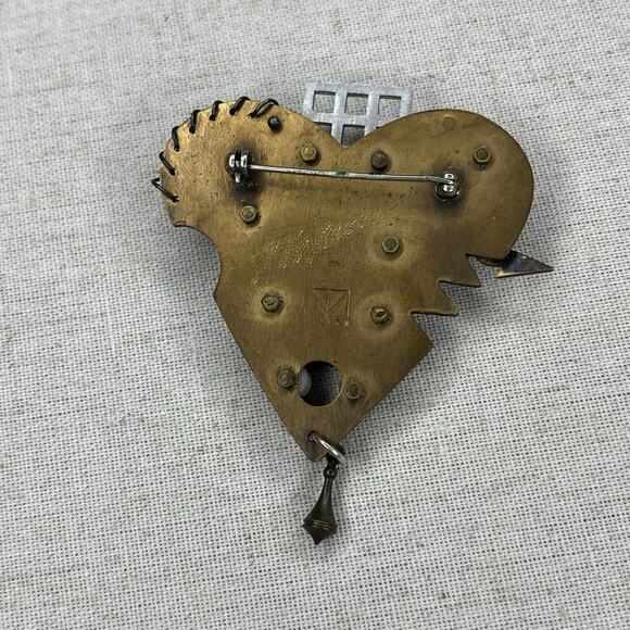 Vintage Signed Thomas Mann Techno Romantic Bronze Mixed Metal Heart Pin Brooch - Picture 6 of 10